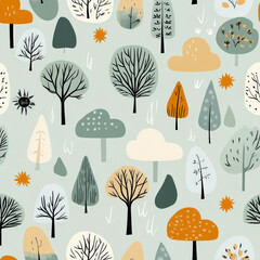 A pattern of trees with a sun in the background. The trees are all different sizes and shapes, and some are bare. Scene is peaceful and serene, with the trees and sun creating a sense of calmness