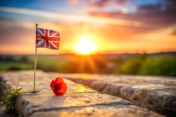 Union Jack and Poppy at Sunset Remembrance Day in Great Britain