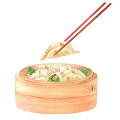 Bamboo steaming basket with dumplings, parsley leaves, eating chopsticks. Watercolor Chinese food clipart. Hand-drawn illustrations on the topic of Chinese cuisine, Chinese New Year meal