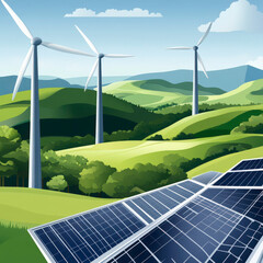 A drawing of three wind turbines in a field with a solar panel in the background. Scene is peaceful and serene, with the wind turbines and solar panel blending in with the natural landscape