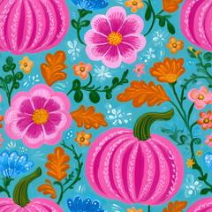 Pink Pumpkins & Flowers Seamless Pattern