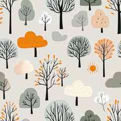 A pattern of trees with a sun in the sky. The trees are all different sizes and shapes, and some are bare while others have leaves. Scene is peaceful and serene, with the trees