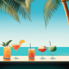 A tropical beach scene with a variety of drinks on a table. The drinks include a martini, a margarita, a mojito, and a tropical cocktail. The table is set up for a relaxing day by the ocean