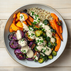 A bowl of food with a creamy sauce on top. The food is a mix of vegetables including broccoli, carrots, and onions. The bowl is white and placed on a wooden table