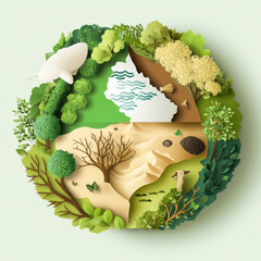 A paper cutout of a circle with a forest on the left side and a desert on the right side