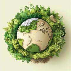 A round, green and brown globe with mountains and trees surrounding it. The globe is the main focus of the image, and the trees