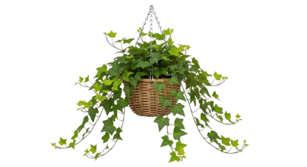 Hanging ivy plant in a basket isolated on transparent background, indoor decoration