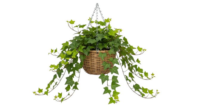 Hanging ivy plant in a basket isolated on transparent background, indoor decoration