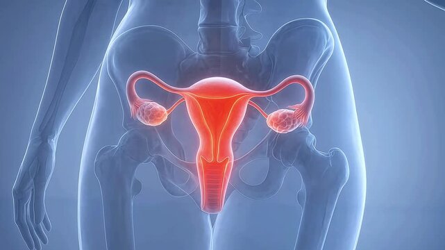 Digital 3D medical rendering showing uterus, ovaries and fallopian tubes. Gynecology, fertility health, womens diagnostics and medical research. Reproductive medicine, anatomy education and healthcare