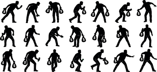 Thief Silhouette Collection of Criminal Poses Holding Money Bag, Sneaking, Running, Stealing, Robbery Action Vector Icons for Crime Concepts