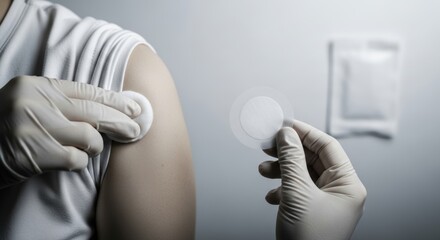 Close-up of gloved medical hands applying a cotton pad to a patient's arm post-flu vaccination, in a sterile, calm environment emphasizing hygiene and preventive care.