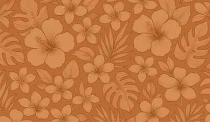 Seamless tropical pattern with hibiscus flowers, plumeria blossoms, and exotic leaves in a monochrome brown palette. Perfect for fabric, wallpaper, packaging, summer decoration, and interior design.