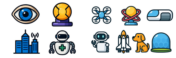Icons representing technology, science, and robotics in a modern urban setting during daytime