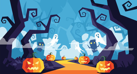 Vector illustration of a spooky Halloween forest with glowing jack-o’-lanterns along a winding path and playful ghosts among eerie trees, ideal for festive invitations, posters, and seasonal marketing