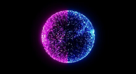 Abstract glowing digital sphere with vibrant pink and blue neon lights creating a futuristic and energetic cosmic energy orb on a dark background