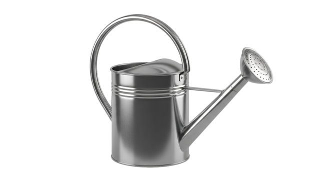 Metal watering can with spout isolated on transparent background, gardening tool