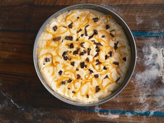 A freshly baked cozonac sits in its round metal baking pan. Candied orange peels and chunks of dark chocolate decorate the top, ready to be served as a sweet treat