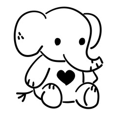 Elephant plush toy baby shower line art doodle illustration hand drawn black and white outline sketch for invitations stickers patterns and crafts