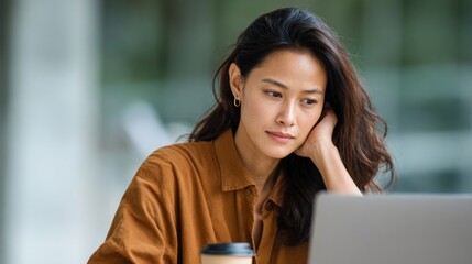 Asian woman sitting at laptop in coffee shop.