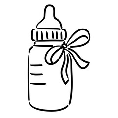 Milk bottle with bow baby shower line art doodle illustration hand drawn black and white outline sketch for invitations stickers patterns and crafts