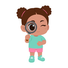 illustration of a little cute girl holding a magnifying glass on an isolated transparent background