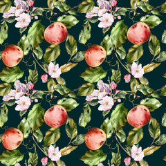 Seamless watercolor pattern with apples, branches, and leaves. Perfect for textile design, wallpaper, wrapping paper, kitchen decor, packaging, autumn themes, and botanical illustrations.