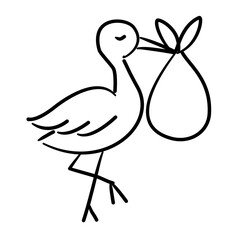 A stork bird carrying a bundle with a baby inside baby shower line art doodle illustration hand drawn black and white outline sketch for invitations stickers patterns and crafts