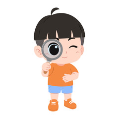 illustration of a little cute boy holding a magnifying glass on an isolated transparent background