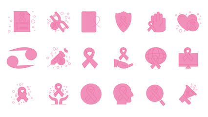 A set of solid pink icons for a breast cancer awareness campaign in October. A modern vector outline graphic pack of symbols related to cancer awareness, treatment, support for patients and survivors.