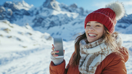 Young woman on mountain trip making Christmas video call on smartphone, snowy landscape, warm clothes, happy face,