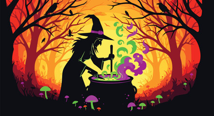 illustration of a witch stirring a bubbling cauldron in a forest with mushrooms and crows, perfect for Halloween designs, spooky storytelling, and seasonal marketing projects