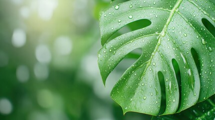 Fototapeta premium Lush green monstera leaf adorned with droplets, creating a fresh, vibrant look, Ideal for themes of nature, wellness, and tropical aesthetics in marketing materials or decor,