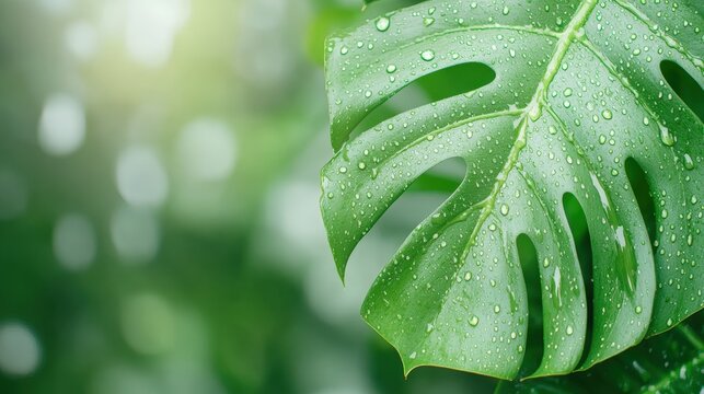 Fototapeta Lush green monstera leaf adorned with droplets, creating a fresh, vibrant look, Ideal for themes of nature, wellness, and tropical aesthetics in marketing materials or decor,