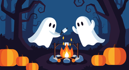 Obraz premium Cartoon illustration of spooky ghosts gathered around a campfire in a haunted forest with carved pumpkins, perfect for Halloween designs, party invitations, and seasonal marketing