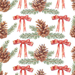 Watercolor Christmas Seamless Pattern. Christmas illustration of natural Pine Cones, Fir branches and red Bow. Christmas border. Illustration for greeting card, invitation and poster
