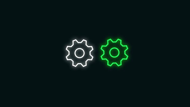 White and Green Outline Gears Side-by- Side on a Dark Background with Neon Glow cogs mechanical