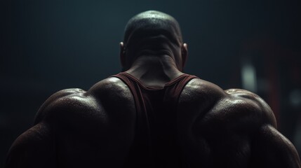 Muscular, Professional Bodybuilder Showing Back Muscles in Gym