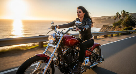 Obraz premium Stylish Lady Biker with Long Hair on a Sports Bike. Black Jacket Fashion Photography