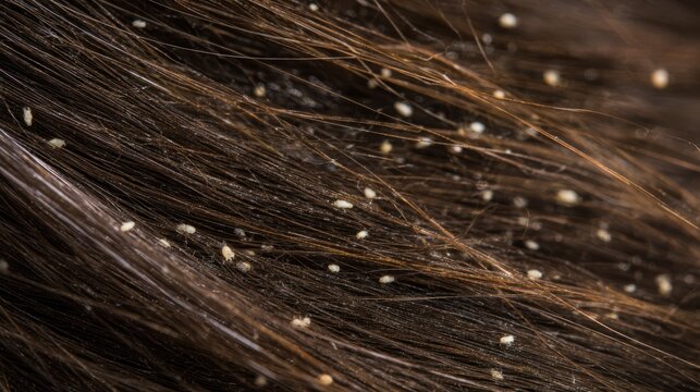 Close up of nits or lice eggs on dark brown hair strands