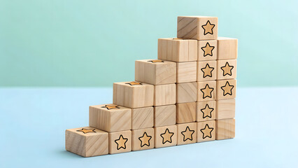 Stairway to Success Wooden Blocks with Star Ratings Visualizing Performance Growth Five-Star Achievement Concept Ascending Block Graph Representing Quality and Improvement