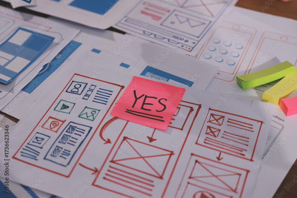 Wall mural close up ux developer and ui designer brainstorming about mobile app interface wireframe design on t