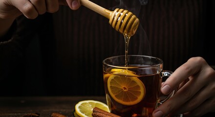 A person's hands add golden honey to a steaming mug of hot tea with bright lemon slices and cinnamon sticks on a dark background.