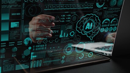 This image showcases a futuristic interface featuring data visualizations and artificial intelligence graphics on a transparent screen, ideal for tech and innovation themes. Cipher