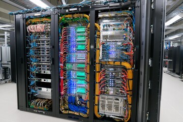 Advanced server racks filled with colorful cables and blinking lights are seen in a spacious data center. The setup indicates a high level of technology and organization in a professional environment