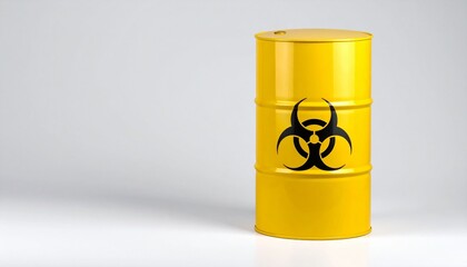 Yellow metal barrel with black biohazard symbol on side, set against neutral background