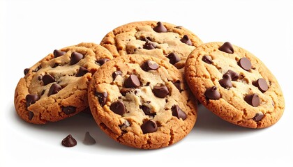 Golden brown chocolate chip cookies arranged on white background with scattered chocolate chips in foreground.
