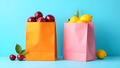 Two paper bags , one orange and one pink , filled with cherries, plums and lemons on a blue background.