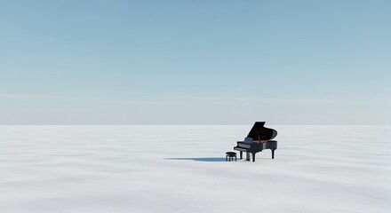 A sleek black grand piano and matching stool stand isolated in a vast, pristine white snowfield under a clear, serene pale blue sky, creating a minimalist and surreal landscape.