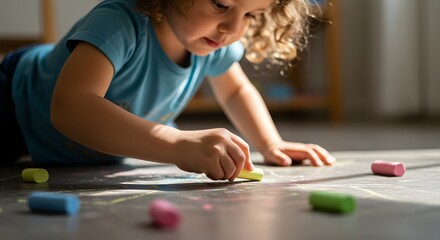 Child drawing creative colorful shapes on the ground with chalk during a sunny outdoor playtime