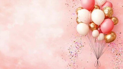 Joyful party still life with pink magenta gold helium balloons and flying confetti for birthday anniversary celebration or greeting card for holiday or happy event - Powered by Adobe